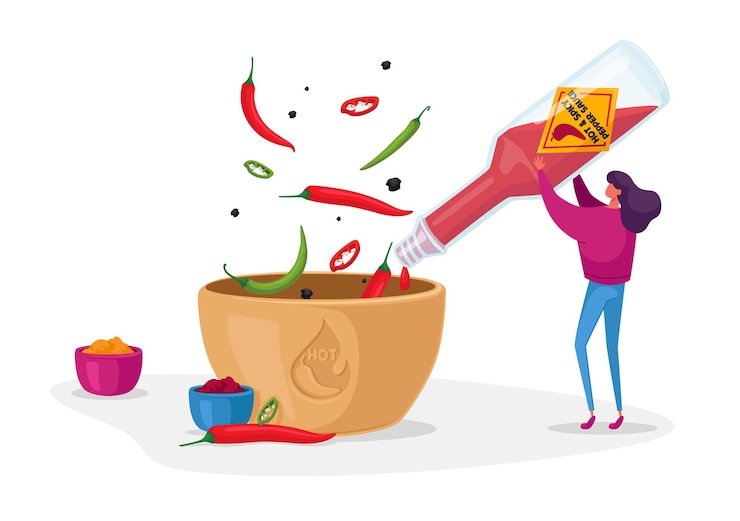 Vector mujer vertiendo salsa de tomate o salsa de chile de la botella de vidrio al tazón de fuente para cocinar comida picante