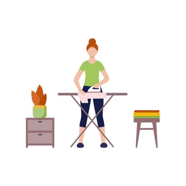 Una mujer vestida de casa plancha las cosas. Planchar la ropa en la tabla de planchar. Carácter de vector plano.
