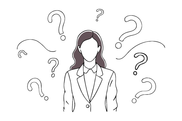 Mujer vestida con un traje de negocios se mantiene en equilibrio frente a numerosos signos de interrogación continua línea negra arte aislado ilustración vectorial plana en fondo blanco