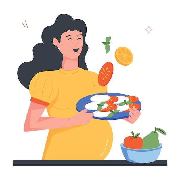 una mujer con un vestido amarillo está sosteniendo una bandeja de comida con verduras y frutas