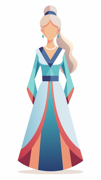 una mujer en un vestido azul y rojo con una frontera azul y roja