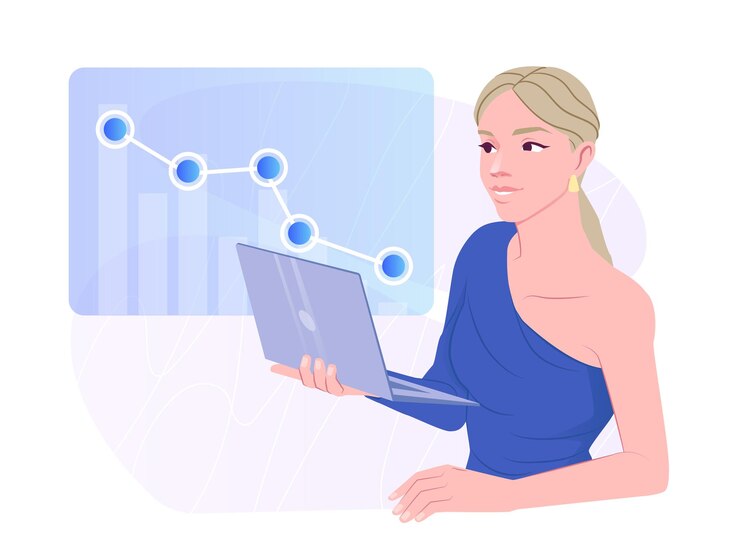 Vector mujer con vestido azul sosteniendo una computadora portátil analizando un gráfico hacia abajo en una pantalla de estilo gráfico plano con