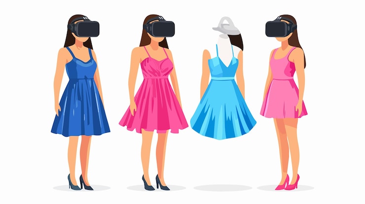 Vector una mujer con un vestido azul y un vestido azul con un montón de camisas colgando