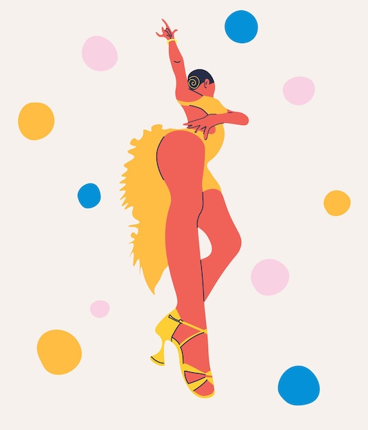 Mujer con un vestido elegante en movimiento de danza actuación de coreografía retro clásica Ilust vectorial plano