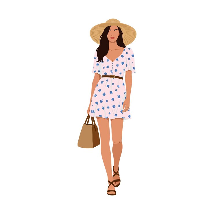 Mujer con vestido floral y sombrero de borde ancho caminando con confianza con un bolso de mano elegante en una vibrante ilustración vectorial de diseño minimalista