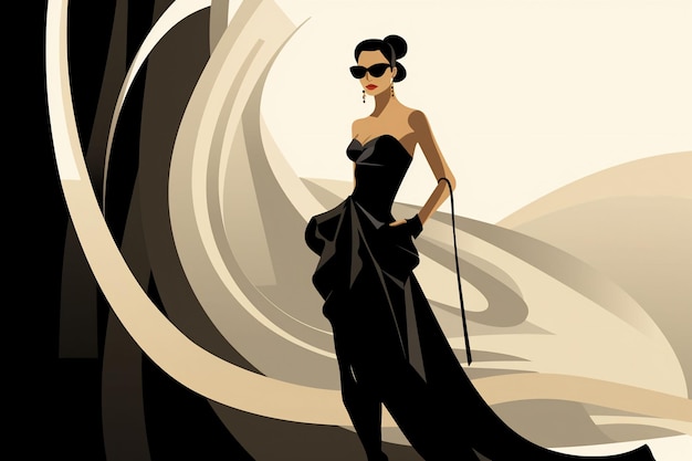 Una mujer con un vestido negro con un bastón