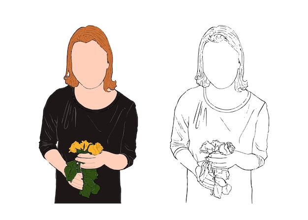 Una mujer con un vestido con el pelo corto y flores en las manos dibuja dibujos animados lineales para colorear