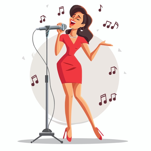 Vector una mujer en un vestido rojo cantando en un vector de micrófono