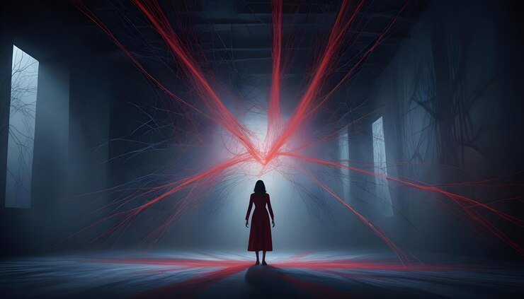 Vector una mujer con un vestido rojo está de pie en una habitación oscura con una fuente de luz brillante en el centro líneas rojas emanan de la luz creando un patrón similar a una red