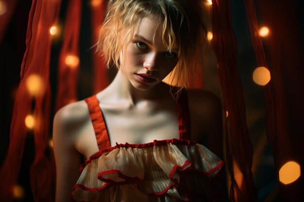 Una mujer con un vestido rojo posando frente a las luces