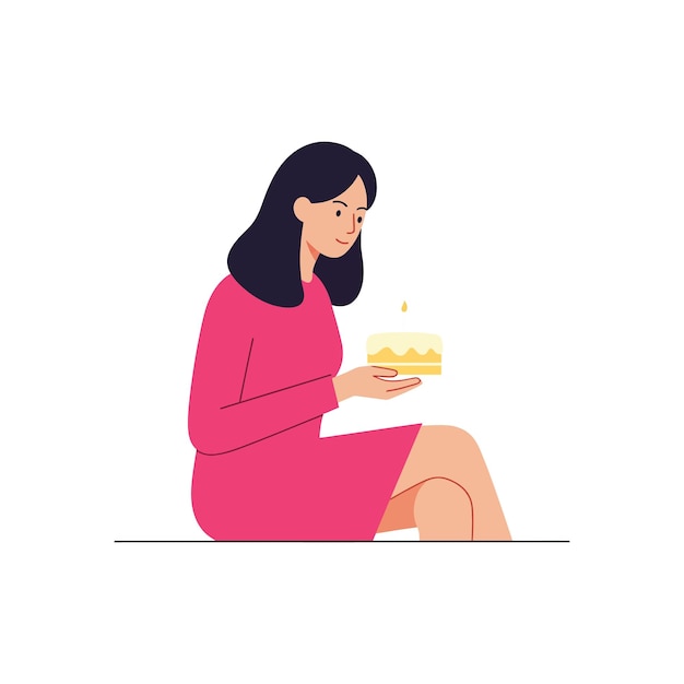 Mujer con vestido rosado sentada con pastel en arte vectorial plano mínimo