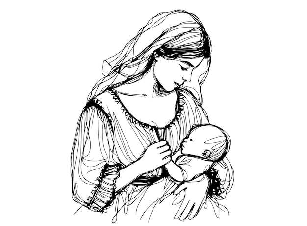 Mujer con vestido sosteniendo a su bebé Ilustración vectorial Esbozo dibujado a mano