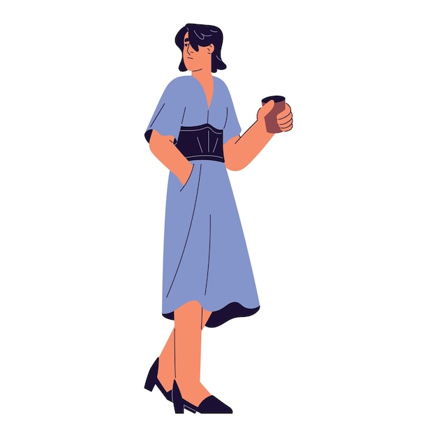 Mujer en vestido de verano caminando Chica en vestido mirando hacia atrás sostenga la taza de papel en la mano Persona vestida con ropa de verano en estilo urbano de pie Ilustración vectorial plana aislada sobre fondo blanco