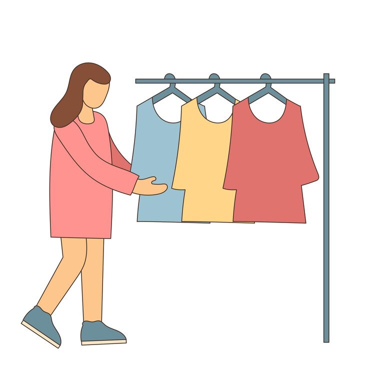 Vector mujer con vestidos en la tienda icono de compras compra de venta al por menor o concepto de intercambio