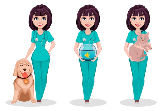 Mujer veterinaria, conjunto de tres poses.