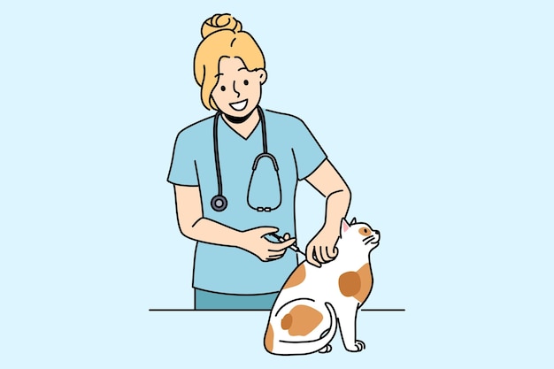 Una mujer veterinaria inocula a un gato para proteger a su mascota de virus y bacterias peligrosos Una niña sonriente trabaja como veterinaria en una clínica animal y cuida de un gatito que necesita vacunación