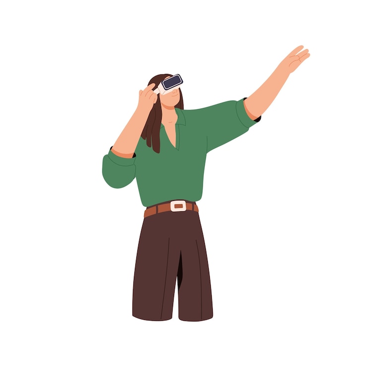 Vector mujer viaja en realidad virtual en gafas de auriculares vr gesticulando con los brazos chica mirando en gafas simulación digital ciberespacio interactivo ilustración de vector plano aislada sobre fondo blanco