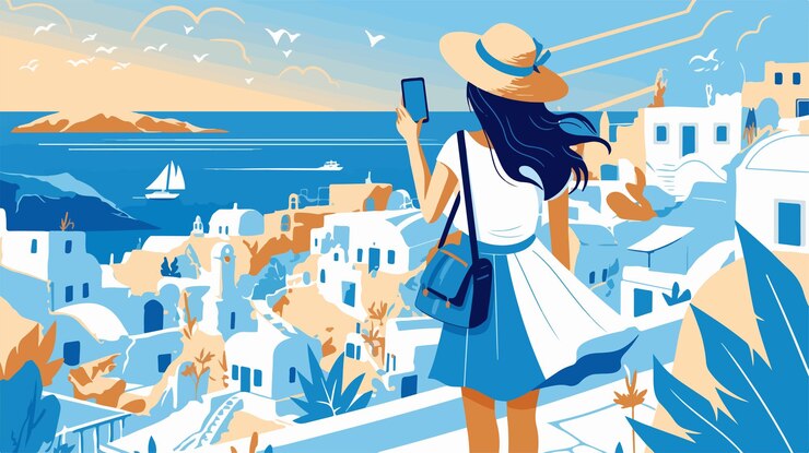 Vector mujer viajera capturando una vista panorámica del mar con su cámara en la playa de santorini