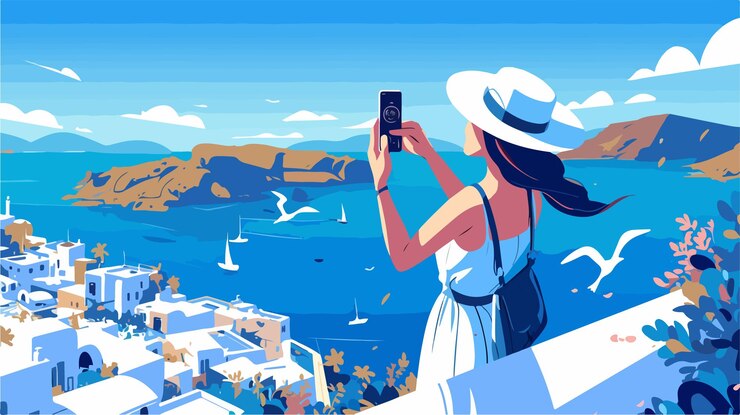 Vector mujer viajera feliz tomando una selfie con su teléfono inteligente