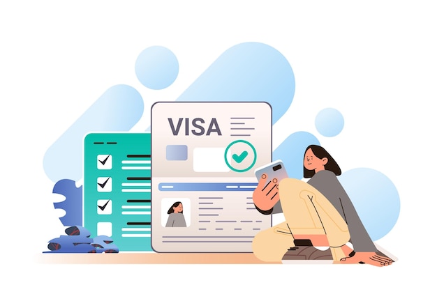 Mujer viajera que obtiene un documento de visa de inmigración para salir del país, oferta de viaje de vacaciones, acceso a la aprobación de viaje