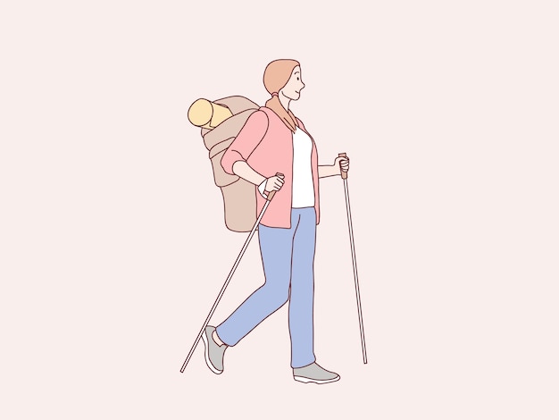 Mujer viajera senderismo escalada con mochila ilustración de estilo coreano simple