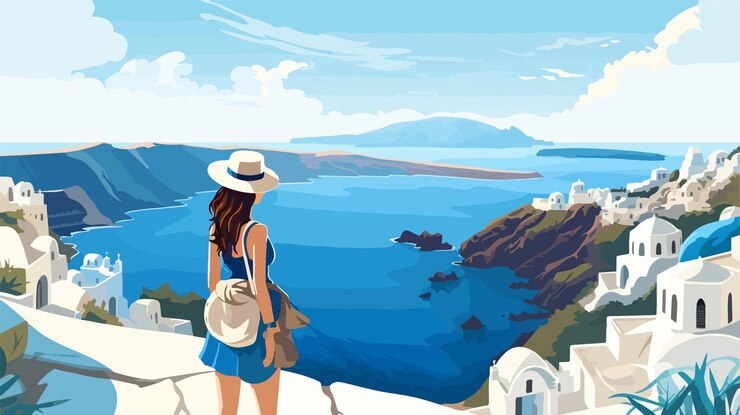 Vector mujer viajera de vacaciones de verano mirando la caldera desde el ferry