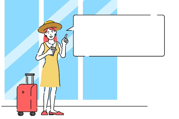 Mujer viajera yendo de vacaciones ilustración vectorial de cuerpo completo en el vestíbulo de la terminal