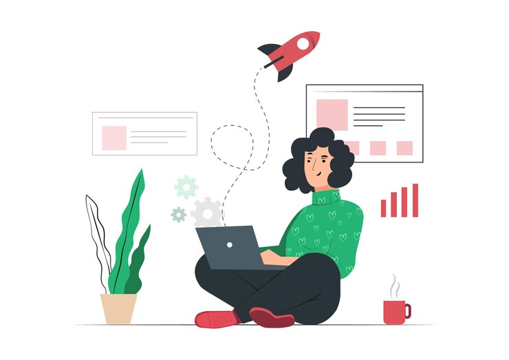 Una mujer vida de puesta en marcha ilustraciones semi planas