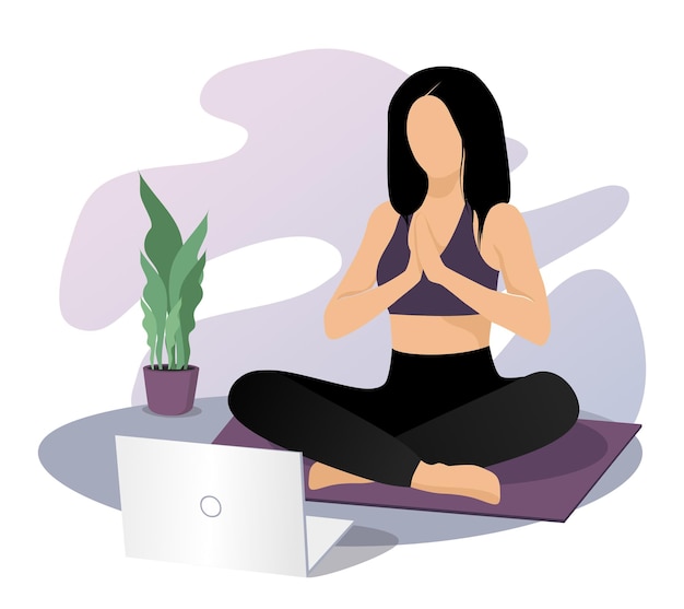 Mujer viendo clases en línea en la computadora portátil y practicando la meditación