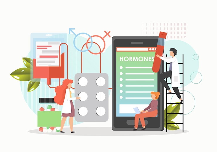 Vector mujer visitando médico en línea para terapia de reemplazo hormonal