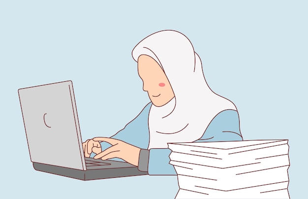 mujer vistiendo hijab trabajando en una ilustración de computadora portátil