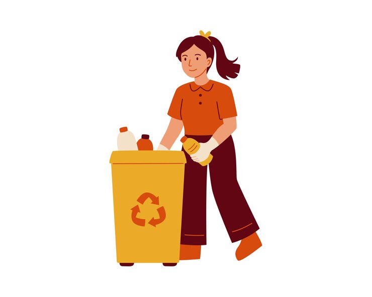 Vector mujer voluntaria con un contenedor de basura mujer voluntario clasificando basura ilustración vectorial
