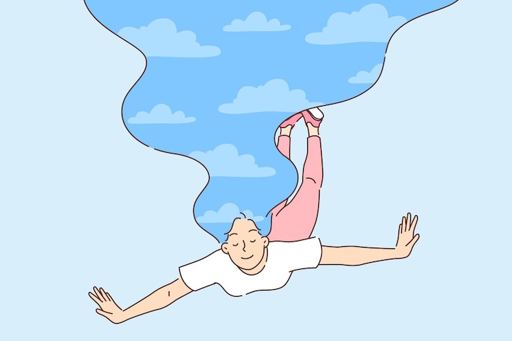 Vector la mujer vuela durmiendo extendiendo los brazos a los lados y convirtiéndose en pájaro de fantásticos cuentos de hadas