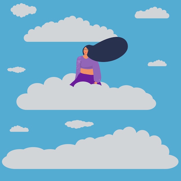 Mujer vuela en las nubes diseño plano