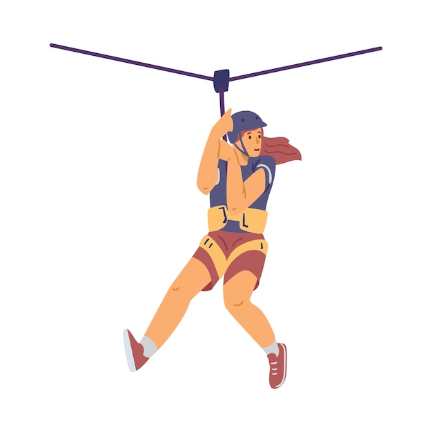 Mujer en zipline en el parque de aventuras, ilustración vectorial plana aislada en fondo blanco.