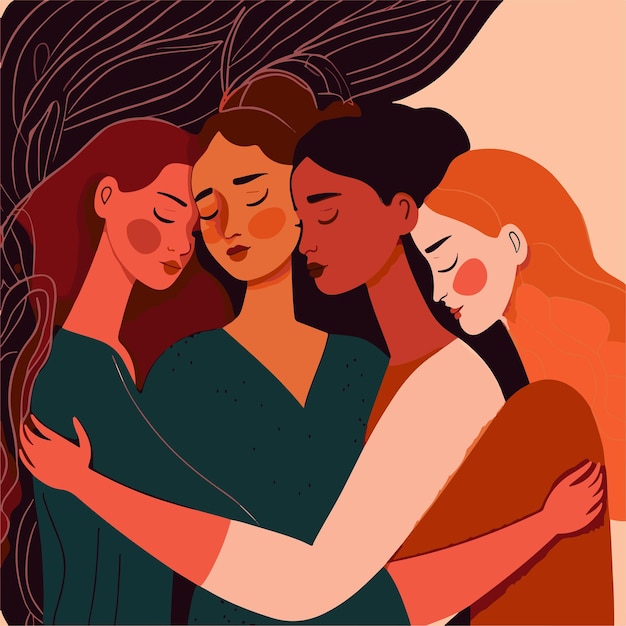 Vector mujeres abrazándose apoyándose mutuamente simbolizando la lucha por la diversidad