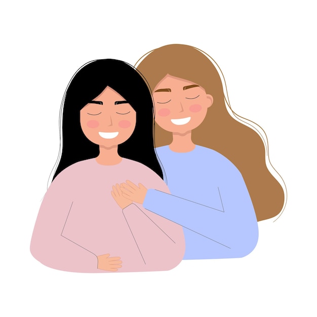 Mujeres abrazándose El concepto de amistad, cuidado y amor Personajes de dibujos animados