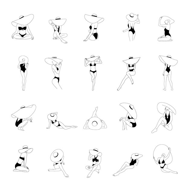 Vector mujeres abstractas con sombreros de paja conjunto de figuras femeninas lineales modernas chicas elegantes en bikinis negros ilustraciones de contorno vectorial en estilo minimalista diseño para cartel de tarjeta impresa con logotipo