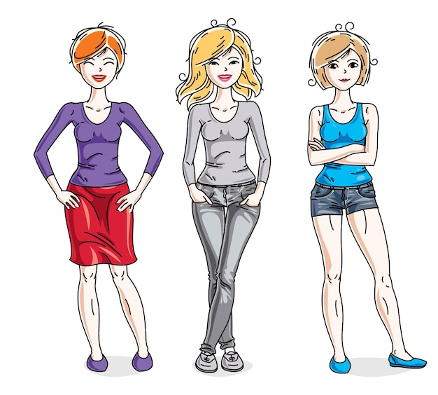 Mujeres adultas jóvenes felices de pie en ropa casual con estilo. Conjunto de caracteres vectoriales. Dibujos animados temáticos de moda y estilo de vida.