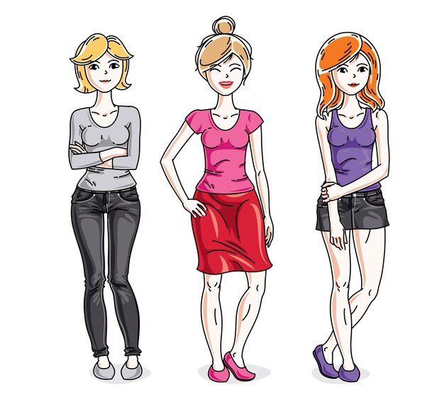 Vector mujeres adultas jóvenes felices de pie con ropa informal. conjunto de caracteres vectoriales. dibujos animados temáticos de moda y estilo de vida.