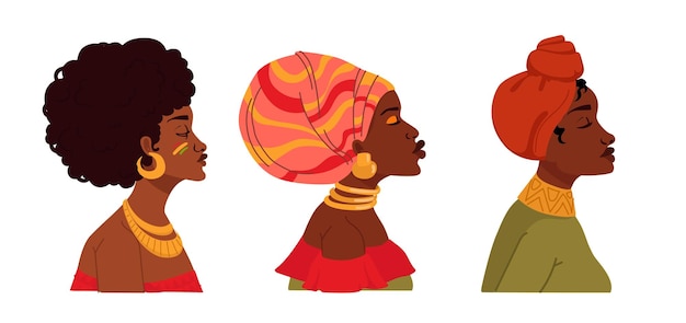 Mujeres africanas de piel negra en vestido tradicional vector dibujado a mano