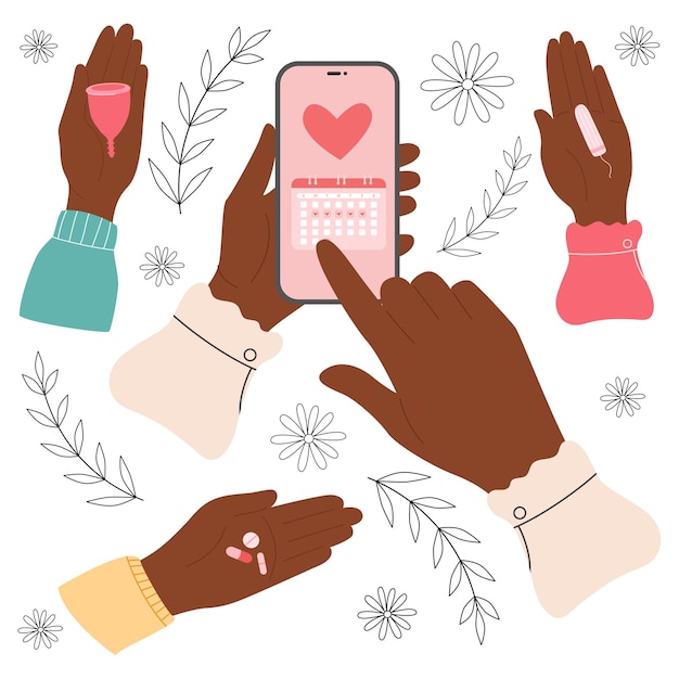 Con mujeres afroamericanas manos negras sosteniendo píldoras tampones pnone con rastreador de período menstrual vector