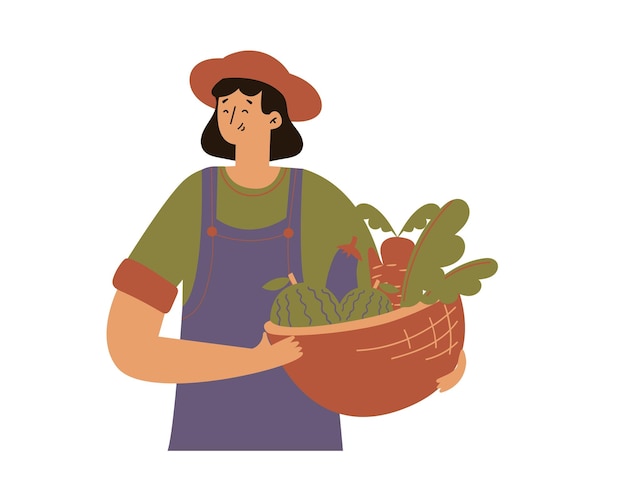 Mujeres agricultoras con una canasta de verduras Ilustración vectorial en estilo plano