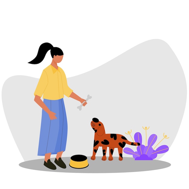 Las mujeres alimentan al perro con huesos ilustración Retrato ilustración personaje niña alimentando perrito