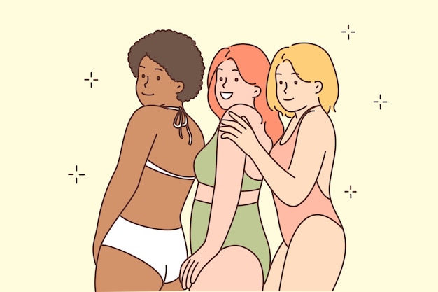 Mujeres amigables multirraciales en bikini sonríen y demuestran ausencia de prejuicios y discriminación Chicas multirraciales en trajes de baño posan pidiendo diversidad y falta de odio por las apariencias