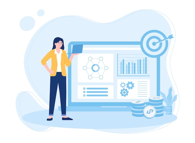 mujeres analizan gráficos de datos de crecimiento y ganancias de dinero concepto ilustración plana