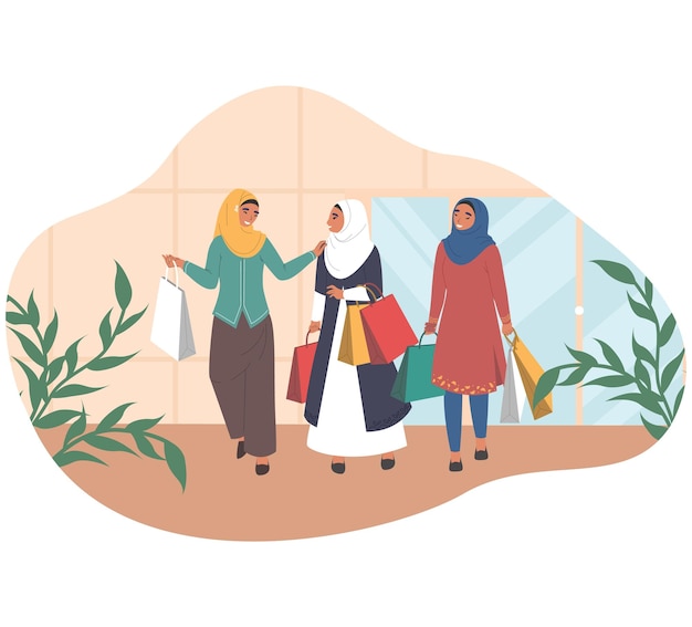 Mujeres árabes felices caminando con bolsas de compras hablando entre sí ilustración vectorial plana Tres chicas musulmanas en vestido árabe tradicional y hijab saliendo de la tienda de ropa para mujeres con compras