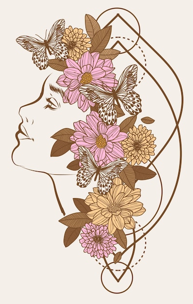 Vector mujeres del arte del tatuaje y dibujo a mano de flores y boceto color vintage