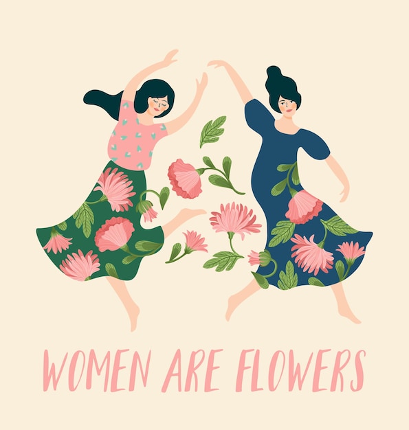 Mujeres bailando con flores y cita: las mujeres son flores.