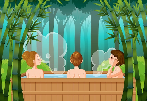 Vector mujeres en baño termal en bosque de bambú